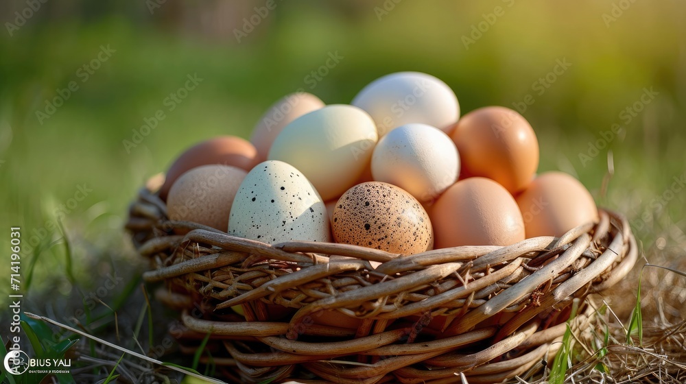 Obraz premium A basketful of freshly picked chicken eggs. Generative AI