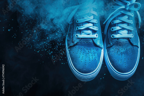 Suspended Blue Sneakers Hovering in Midair photo