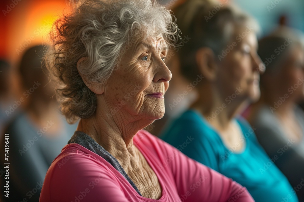 Radiant Senior Lady Enjoying Group Yoga Practice Radiant Senior Lady Enjoying Group Yoga Practice