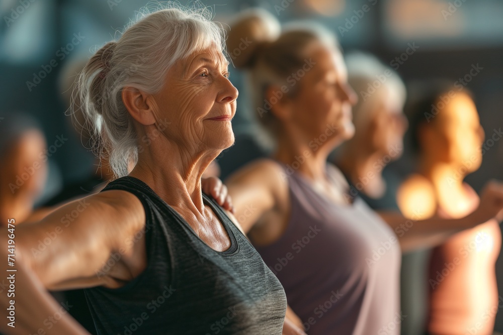 Radiant Senior Lady Enjoying Group Yoga Practice Radiant Senior Lady Enjoying Group Yoga Practice
