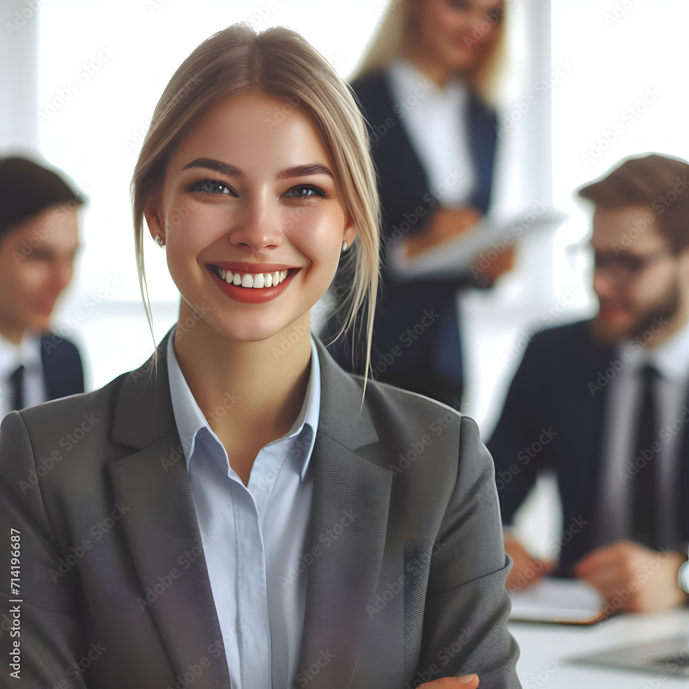 Portrait of a happy businesswoman in office with colleagues in background Portrait of a happy businesswoman in office with colleagues in background