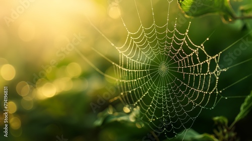 spider web in spring time with dew drops and sun light