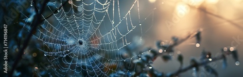 spider web with dew drops all over it in the morning photo