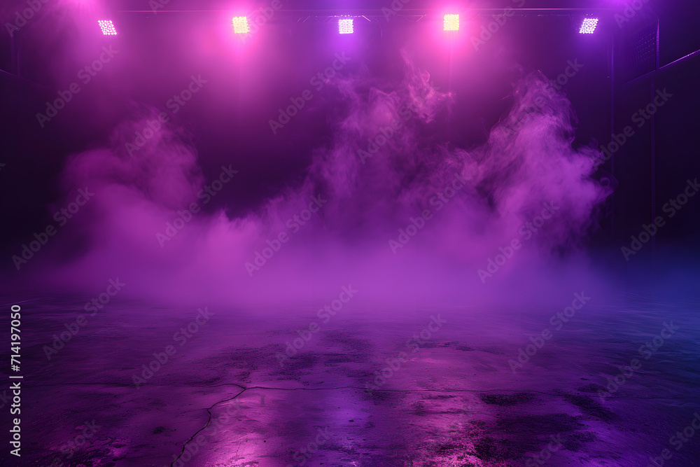 Purple background with neon light spotlights the asphalt floor with smoke float up Purple background with neon light spotlights the asphalt floor with smoke float up