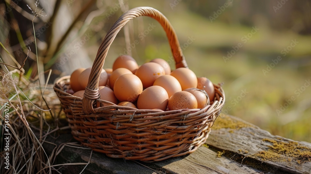 A basketful of freshly picked chicken eggs. Generative AI A basketful of freshly picked chicken eggs. Generative AI
