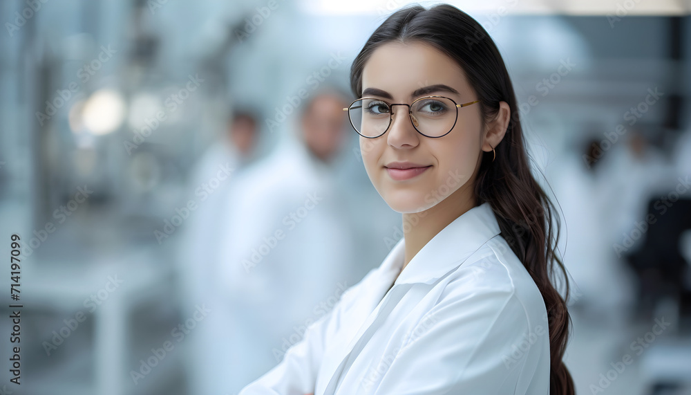 Beautiful young woman scientist wearing white coat and glasses in modern Medical Science Laboratory with Team of Specialists on background Beautiful young woman scientist wearing white coat and glasses in modern Medical Science Laboratory with Team of Specialists on background