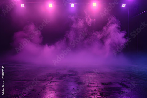 Purple background with neon light spotlights the asphalt floor with smoke float up