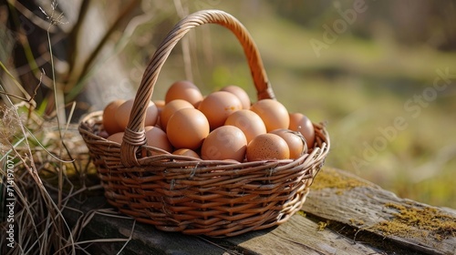 A basketful of freshly picked chicken eggs. Generative AI