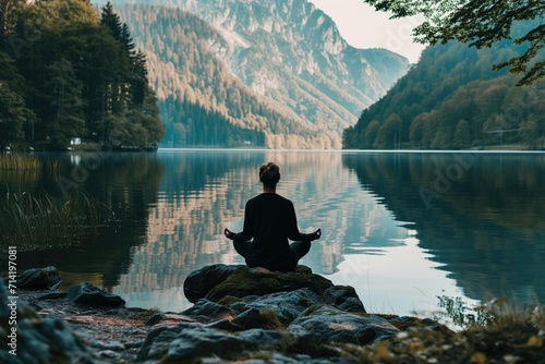Person meditating by serene lake surrounded by calm nature. © Karolis