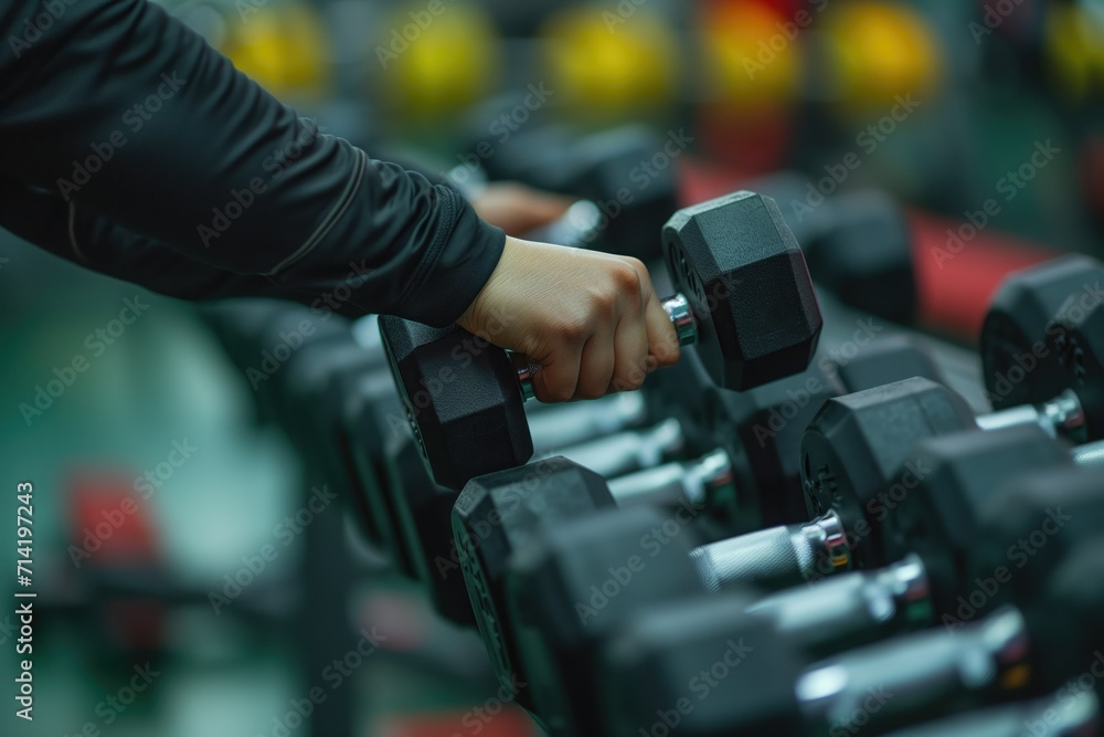 Hand selecting dumbbell, focusing on fitness and strength training. Hand selecting dumbbell, focusing on fitness and strength training.