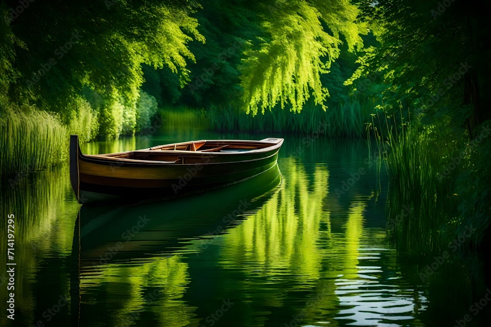 A narrow boat peacefully glides through a thin canal, surrounded by a sea of lush greenery