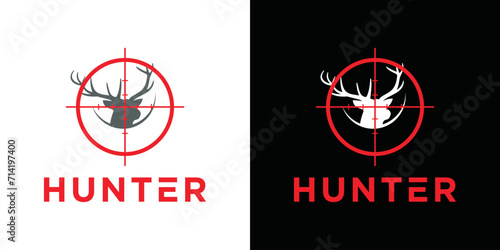 deer hunter logo, badge, emblem, label design template. target shooting design template. vector silhouette of deer head and arrow. hunter club, deer hunting symbol icon