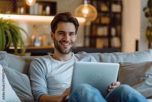 Smiling Man Using Laptop in Cozy Living Room