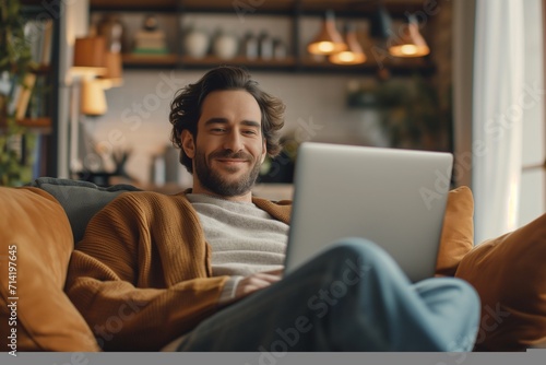 Smiling Man Using Laptop in Cozy Living Room