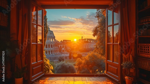 Landscape Scene of Colosseum at the sunset time, view from inside decorate home apartment, window and balcony view, holiday and tourist concept ,generative ai