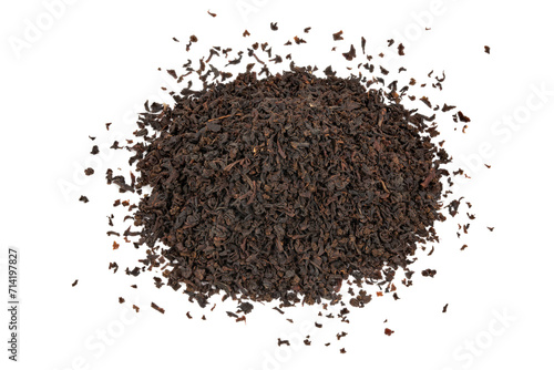 Dry black tea leaves isolated on white background. Black Ceylon tea.