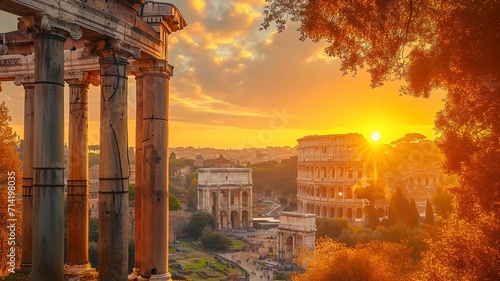 Landscape Scene of Colosseum at the sunset time, view from inside decorate home apartment, window and balcony view, holiday and tourist concept ,generative ai photo