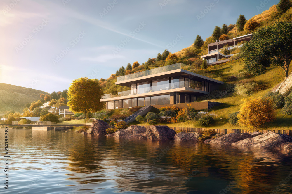 Modern luxury house, villa by water in mountains in summer. Landscape with residential mansion, river, forest and sky. Concept of architecture, design, nature, travel, countryside