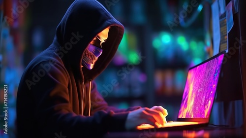 Anonymous man in a black hoodie and neon mask hacking generative ai photo