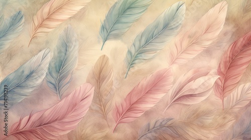 Watercolor abstract feathers colorful background pattern. Flying feathers effect. Pastel colour  Watercolor paper textured illustration for design  vintage card  templates  retro cards  banners.