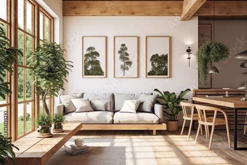 Modern home interior with wooden furniture and plants, Scandinavian style. Posters on white wall in contemporary living room of house, wood rustic design. Concept of nature © karina_lo
