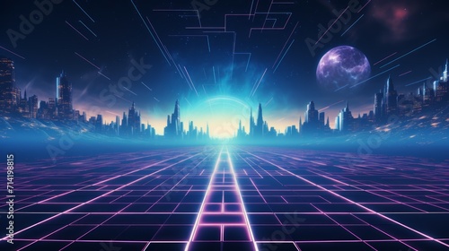 80s Retro Sci-Fi Background, Universe Retro Futuristic 80's Background. Retro wave cyber grid. Deep space surfaces. Neon lights glowing..
