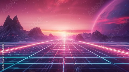 80s Retro Sci-Fi Background  Universe Retro Futuristic 80 s Background. Retro wave cyber grid. Deep space surfaces. Neon lights glowing..