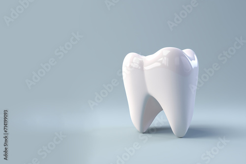 White clean shiny tooth for oral health and hygiene banner design. Stomatology, orthodontic dental clinic poster. Tooth on blue background with copy space. Dental and Health care concept. 