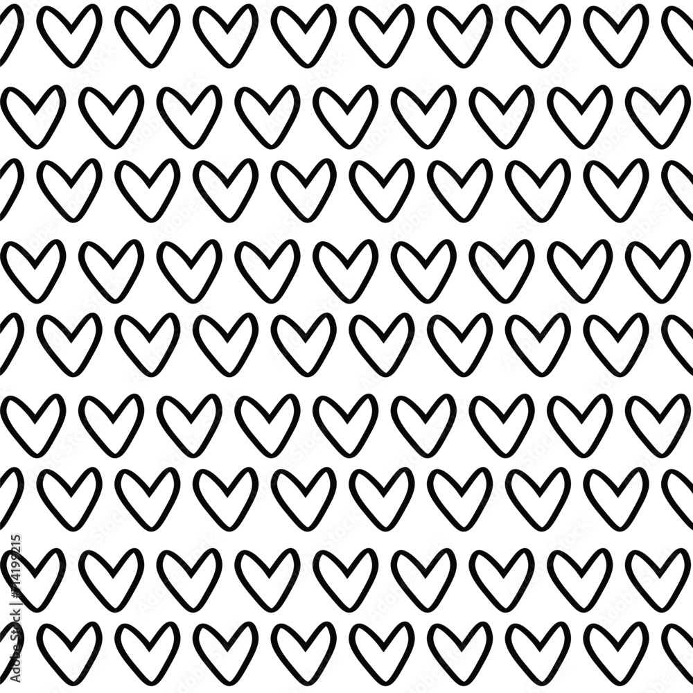 Heart seamless pattern. Black and white ink hearts hand drawn ornament. Romantic figures vector illustration. Monochrome freehand dry paint brush stroke shapes.
