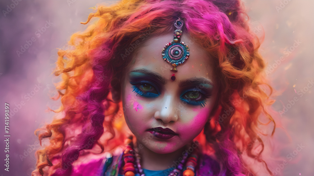 Close up Indian woman colourful holi festival celebration tradition