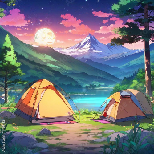 Camping by the River in Mountain Landscape
