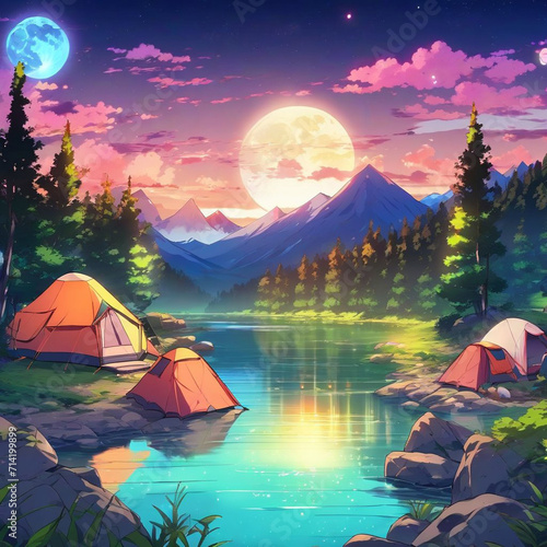 Camping by the River in Mountain Landscape