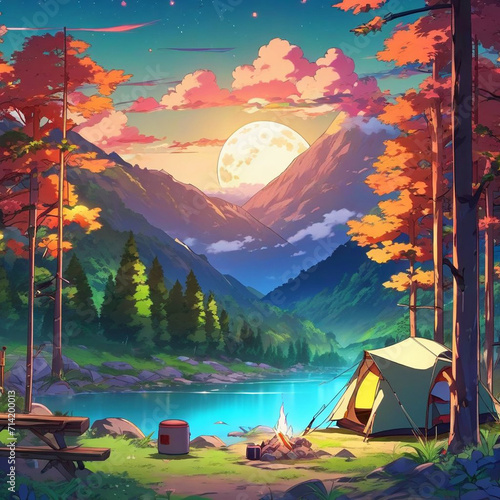 Camping by the River in Mountain Landscape