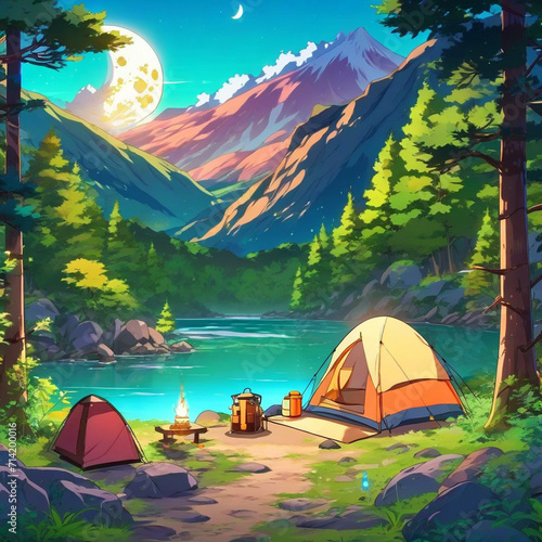 Camping by the River in Mountain Landscape © VSzili