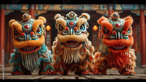 A Chinese traditional costumes with lion dancers. generative ai