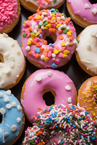 A delectable display of various colorful glazed donuts - a mouth-watering treat for donut enthusiasts.