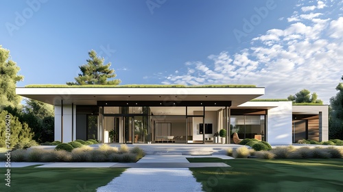 Eco Haven: A Modern Residence Embodying Sustainable Living, Surrounded by Lush Greenery – Showcase the Future of Eco-Friendly Architecture and Energy Efficiency.