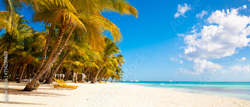Fototapeta Naklejka Na Ścianę i Meble -  Vacation summer holidays background wallpaper - sunny tropical Caribbean paradise beach with white sand in Seychelles Praslin island Thailand style with palms