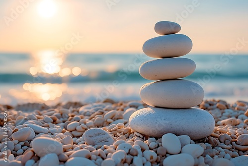 Capture serenity with our serene stock photo, featuring a balanced pebble pyramid on the beach, evoking meditation, spa, and the calming essence of harmony.