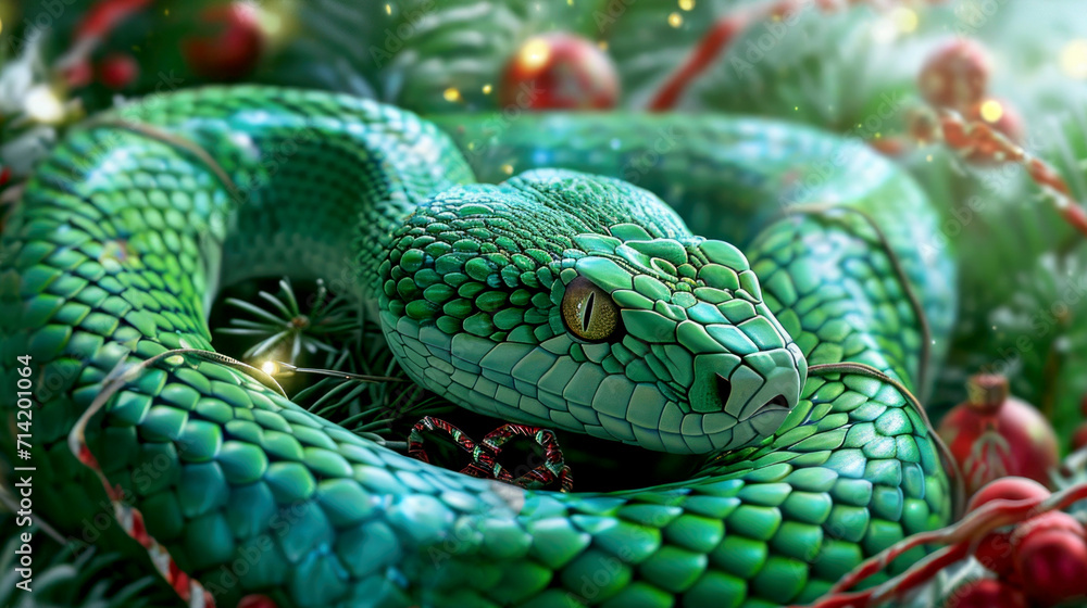 Happy Chinese New Year 2025, the green snake is surrounded by gifts and a Christmas tree, the zodiac sign according to the Chinese horoscope of the wooden green snake Happy Chinese New Year 2025, the green snake is surrounded by gifts and a Christmas tree, the zodiac sign according to the Chinese horoscope of the wooden green snake