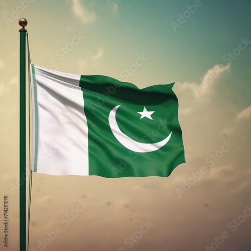 Pakistan National Flag on Flagpole at Night, Cityscape Background 3D Rendering