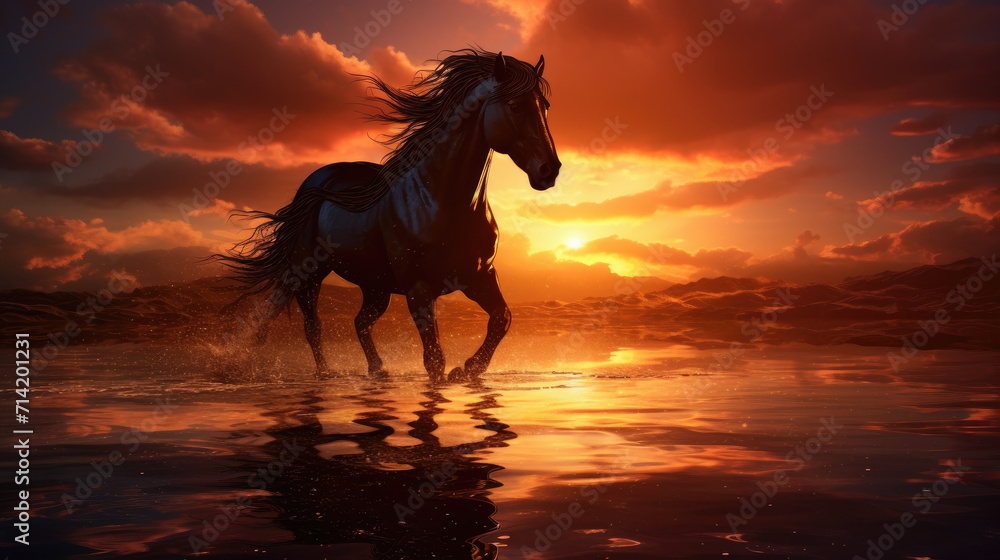 Noble horse walking in sunset scenery Noble horse walking in sunset scenery