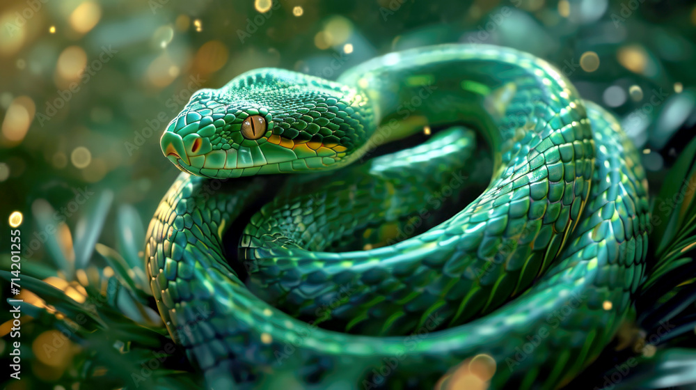 Happy Chinese New Year 2025, green snake on a dark background, zodiac sign according to the Chinese horoscope of the wooden green snake Happy Chinese New Year 2025, green snake on a dark background, zodiac sign according to the Chinese horoscope of the wooden green snake