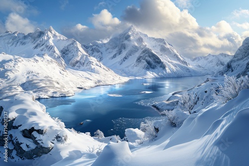 snow-covered lakes and mountains
