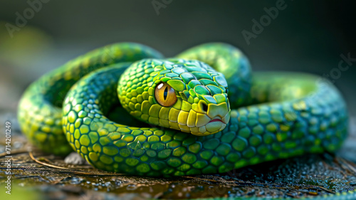 Happy Chinese New Year 2025, green snake on a dark background, zodiac sign according to the Chinese horoscope of the wooden green snake