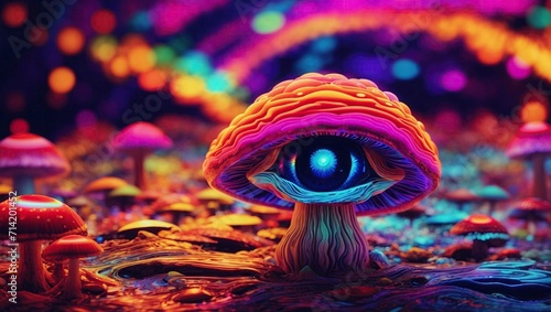 3d illustration of fantasy mushroom with rainbow eyes. Psychedelic background