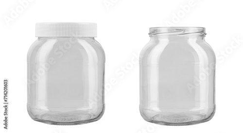 Two empty glass jars isolated on white background. File contains clipping path.