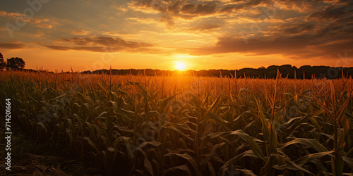 Dry corn field at the beautiful yellow Beautiful sunset reflected In with clouds in Green lush cob plantation in the countryside over a Agriculture field a rural farm concept of ecological products. © abuhurarah
