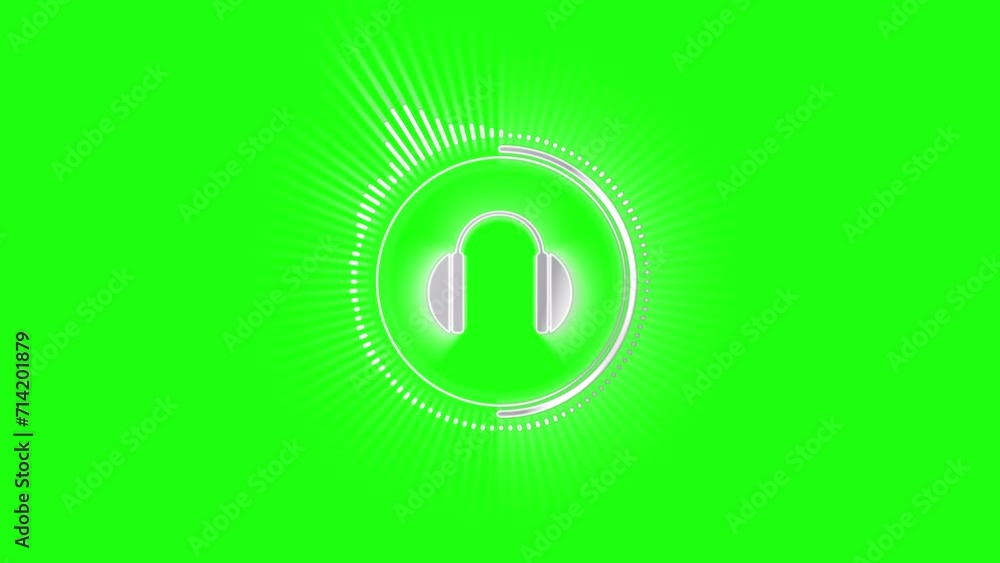 Audio spectrum circular or radial with headphones in the center on green screen background. Audio waveform with frequency bands in gradient white and glow color. Visualization of music display. Audio spectrum circular or radial with headphones in the center on green screen background. Audio waveform with frequency bands in gradient white and glow color. Visualization of music display.