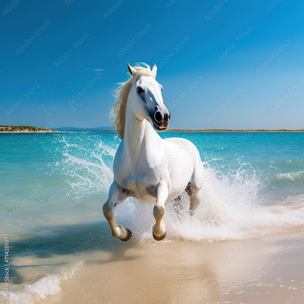 A sea with crystal clear blue waters and a galloping white horse A sea with crystal clear blue waters and a galloping white horse